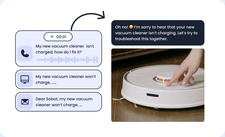 After-sale troubleshooting demo across voice, chat and email