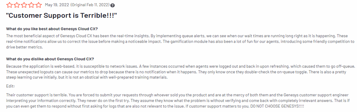 Genesys poor customer support