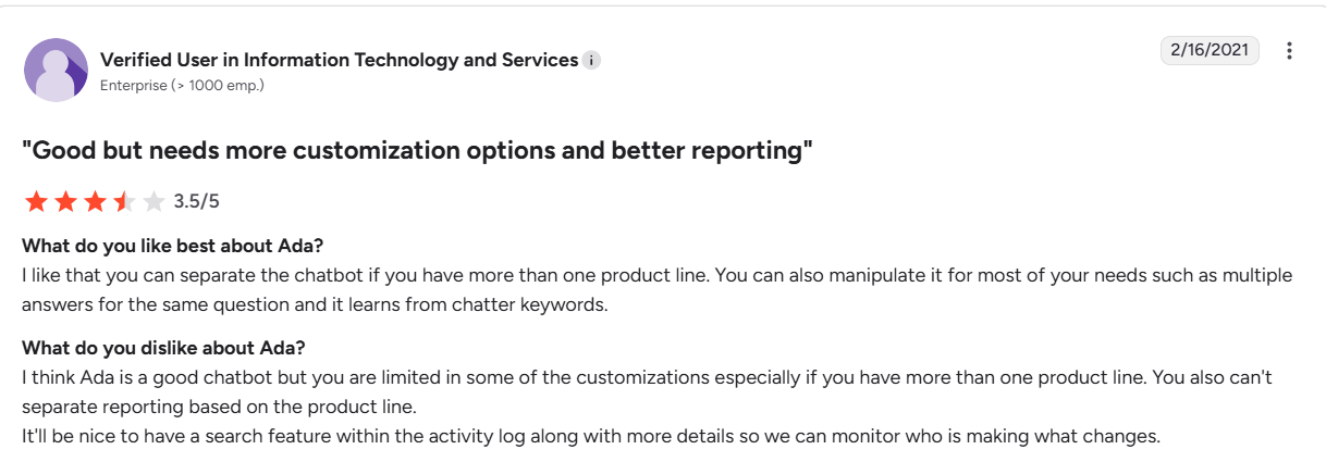 Ada limited customization and reporting flexibility
