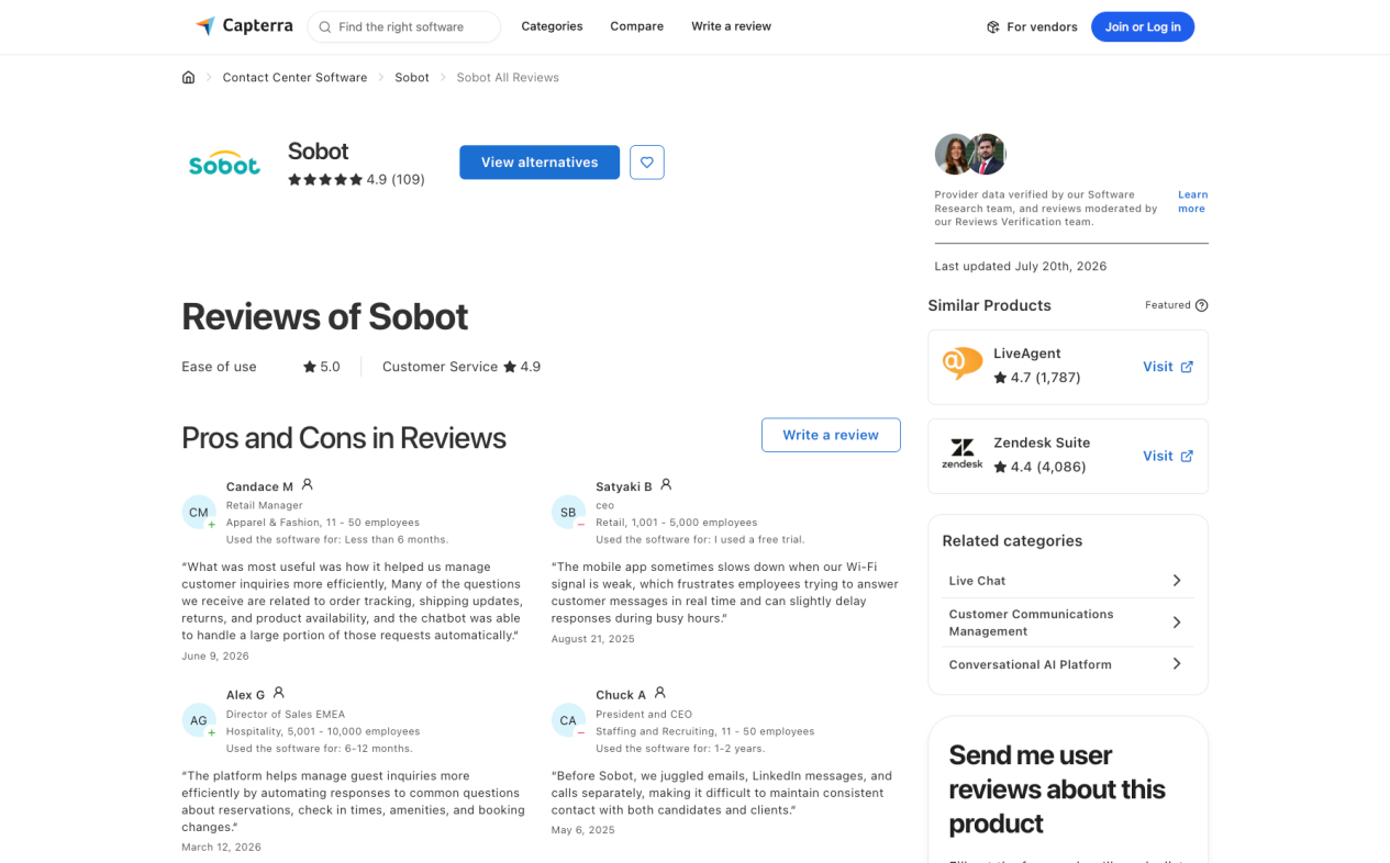 Sobot AI customer service reviews on Capterra