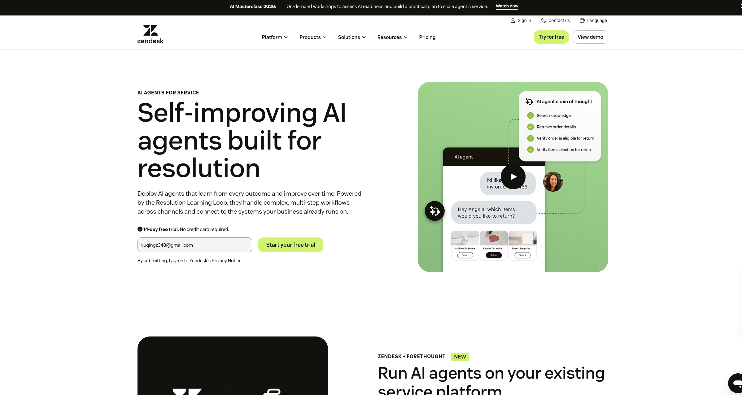 Zendesk AI Agents customer service platform interface