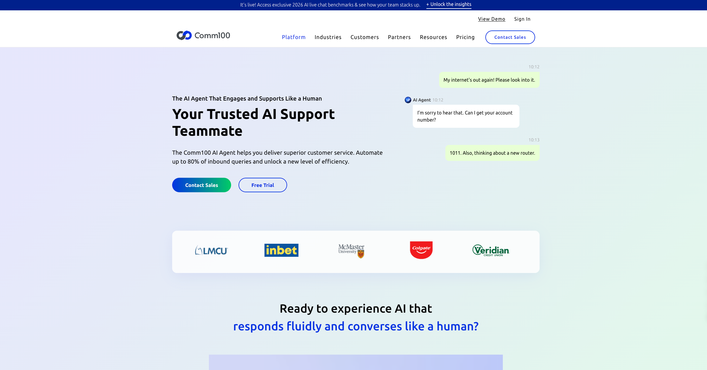 Comm100 AI Agent omnichannel digital messaging and voice