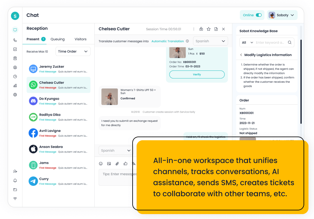 Sobot agent workspace illustration with conversations, knowledge assistance and customer information