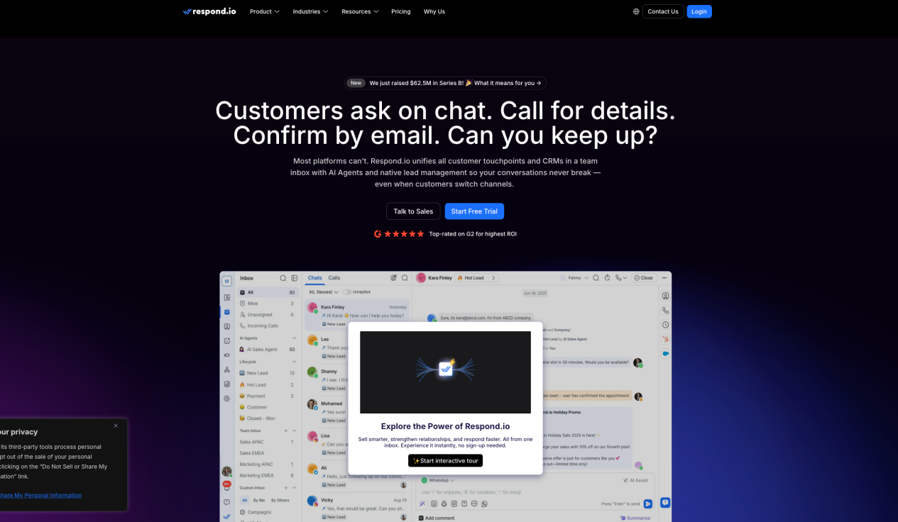 respond.io shared messaging environment coordinating sales and service conversations across popular messaging channels.