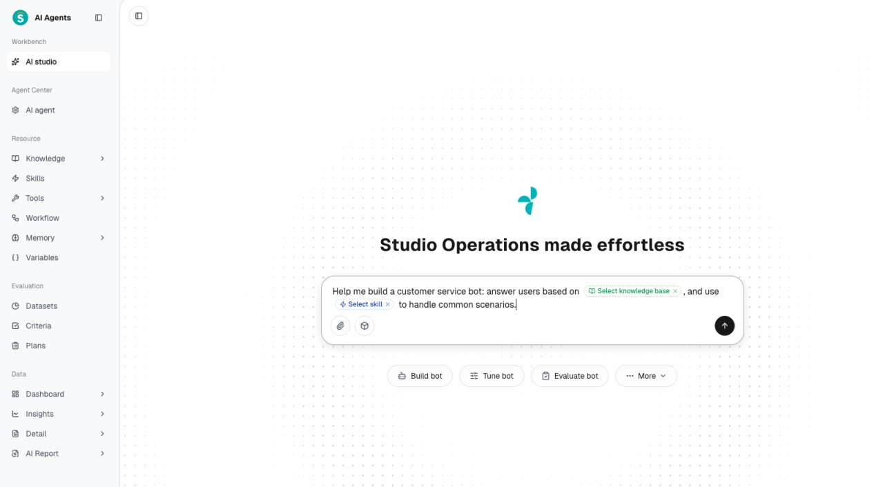 Sobot AI Agent Studio interface showing configuration for customer service workflows.
