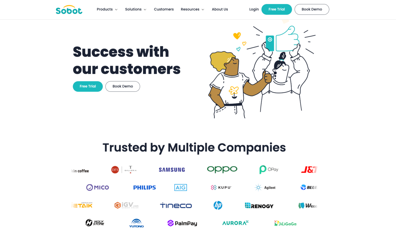 Sobot customer stories illustrating cross-border ecommerce and retail customer-contact outcomes.