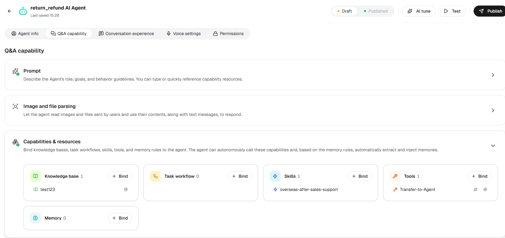 Binding an AI Agent Skill to an AI Agent in Sobot