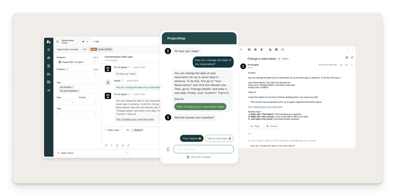 Fin by Intercom AI agent running alongside an existing helpdesk interface