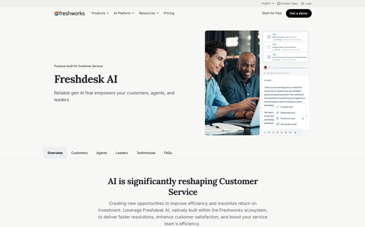 Freshdesk Freddy AI Agent assisting a support team with customer queries