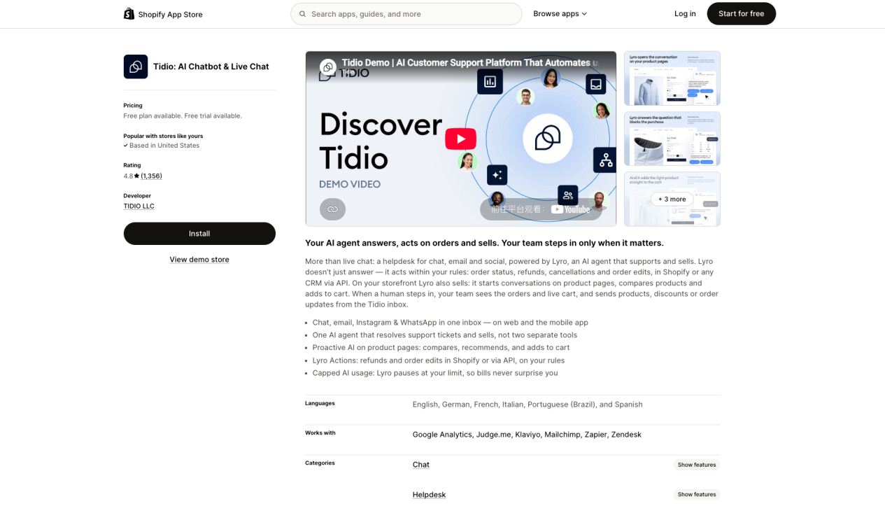 Tidio Lyro AI chatbot for Shopify storefront chat and automations