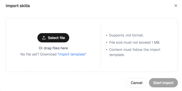 Sobot Resource Center Skills page showing Markdown upload