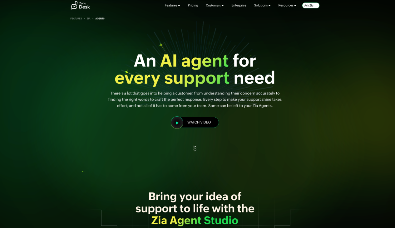 Zoho Desk Zia Agents help-desk interface
