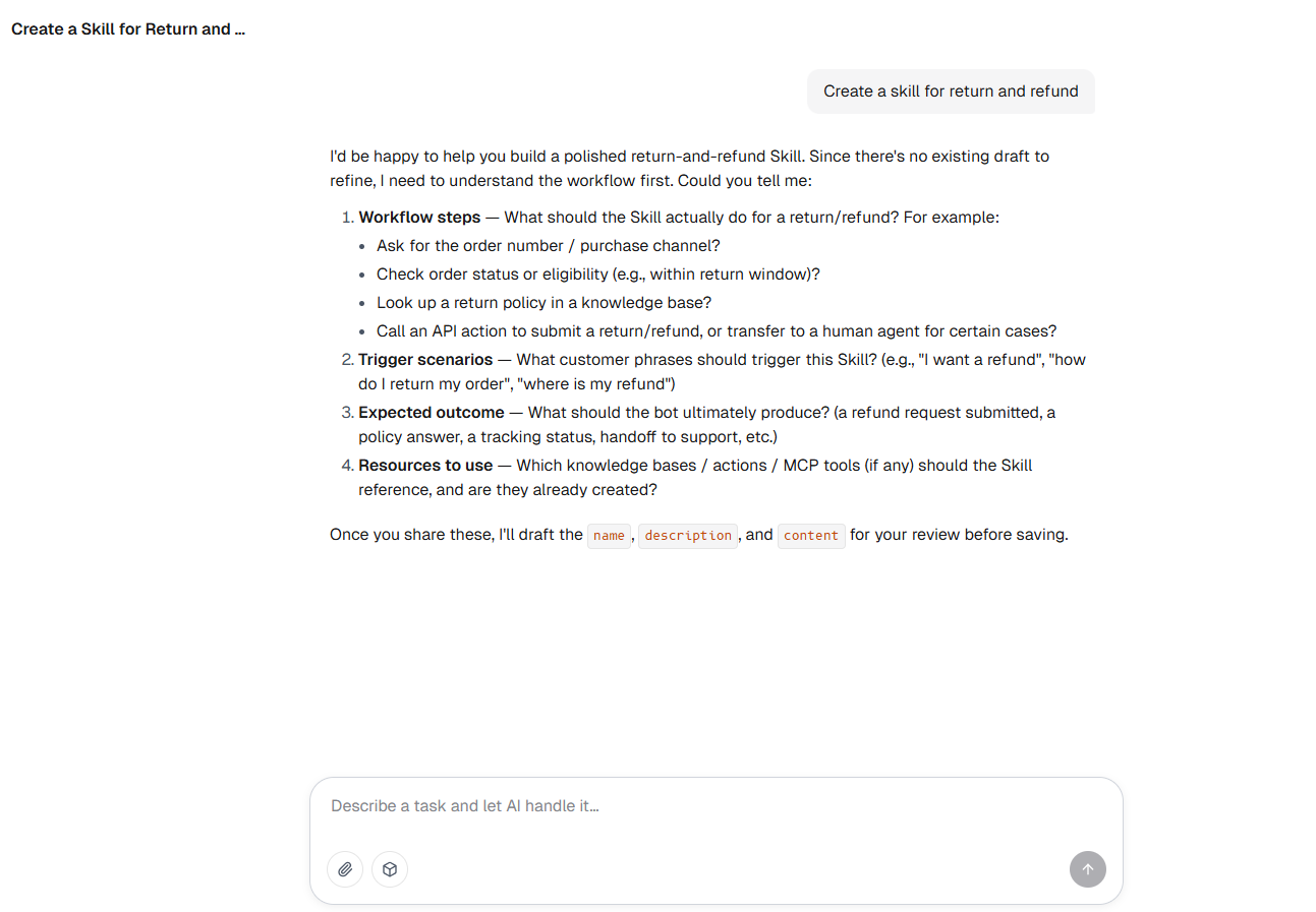 Sobot AI Studio generating an AI Agent Skill from a one-line request