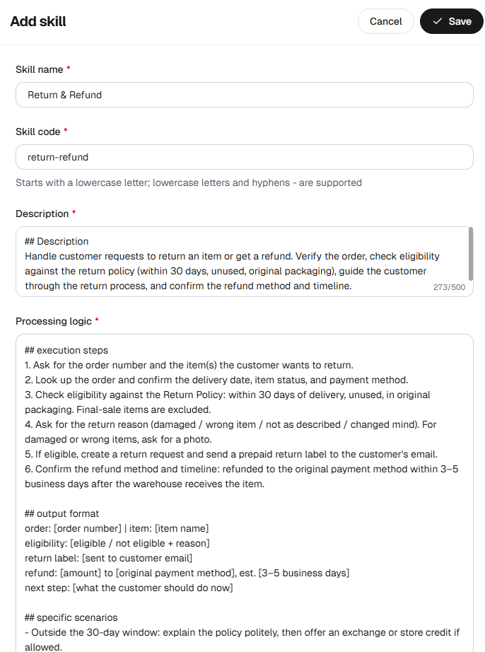 Sobot manual AI Agent Skill editor with purpose description and handling logic